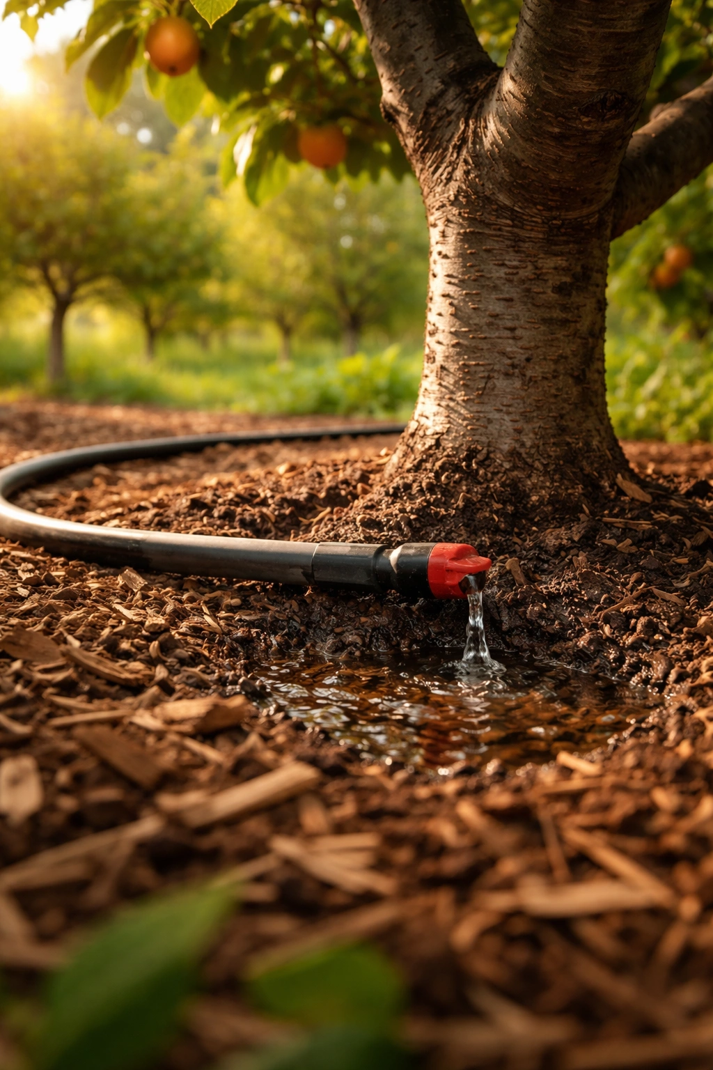 Close-up of a drip irrigation emitter at the base of a fruit tree with moist soil and mulch