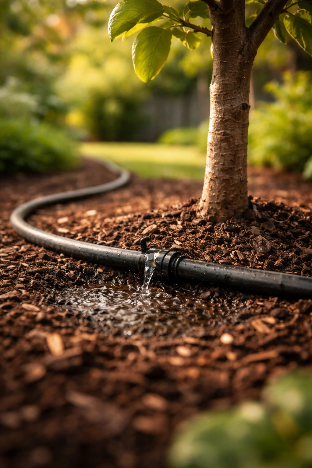 Drip irrigation delivering water to the base of a young tree