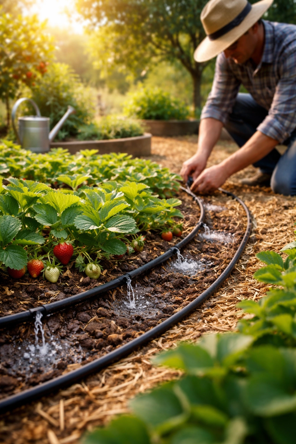 Drip irrigation watering a fruit bed with healthy plants