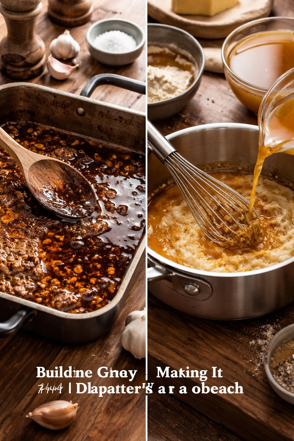 Split-scene of meat drippings and stock-based gravy components