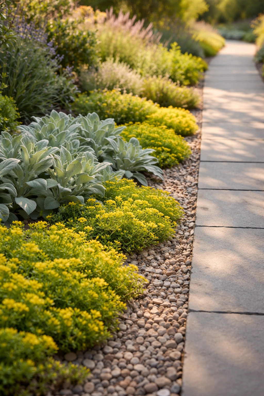 Close view of drought-tolerant sedum and lamb's ear along a garden border.