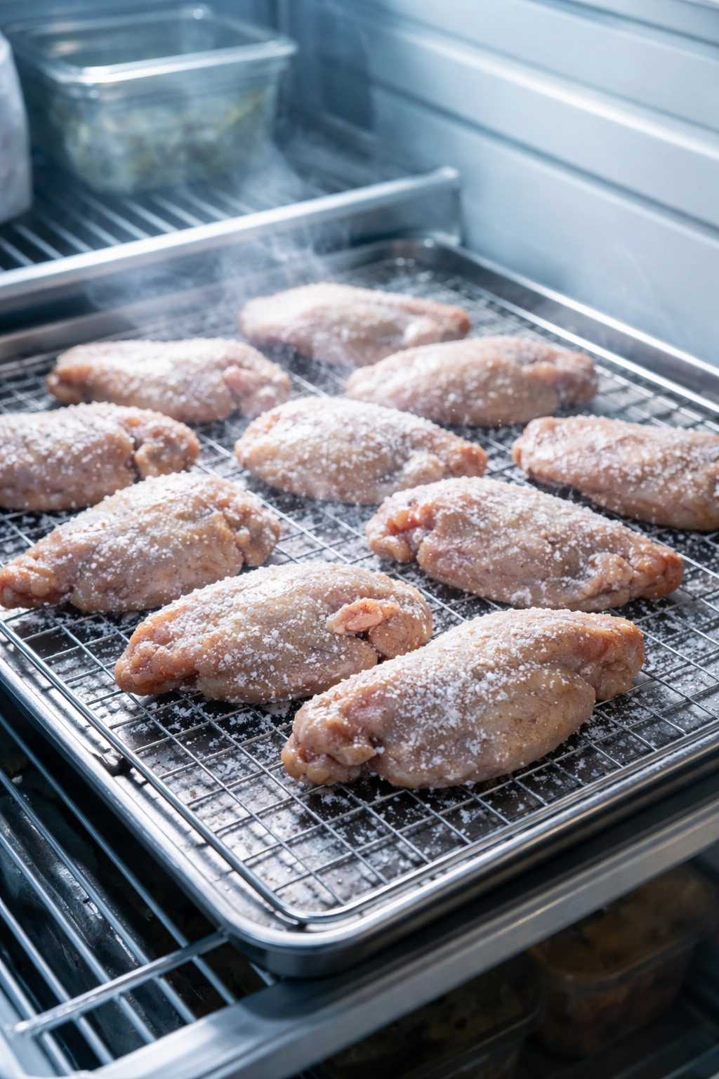 Wings on a rack in a fridge with salt and baking powder for dry-brine; steam rising