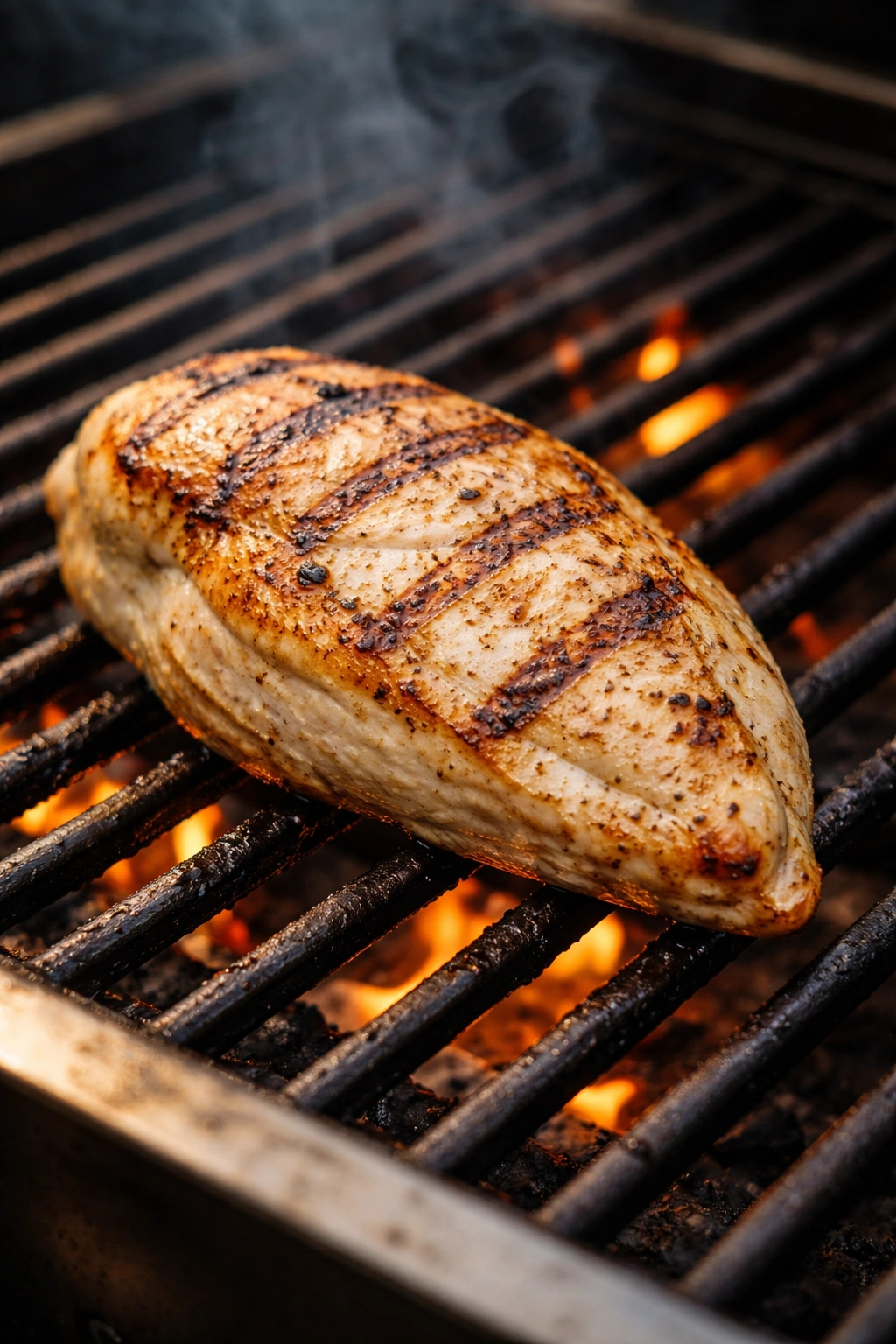 Close-up of a dry grilled chicken breast on grill grates