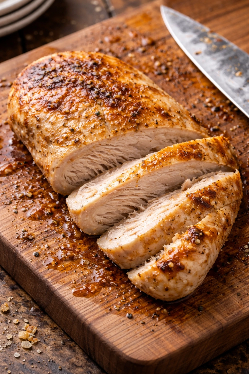 Overcooked dry chicken breast on a cutting board