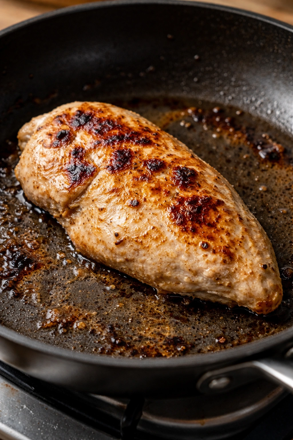 Dry overcooked chicken in pan illustrating mistakes