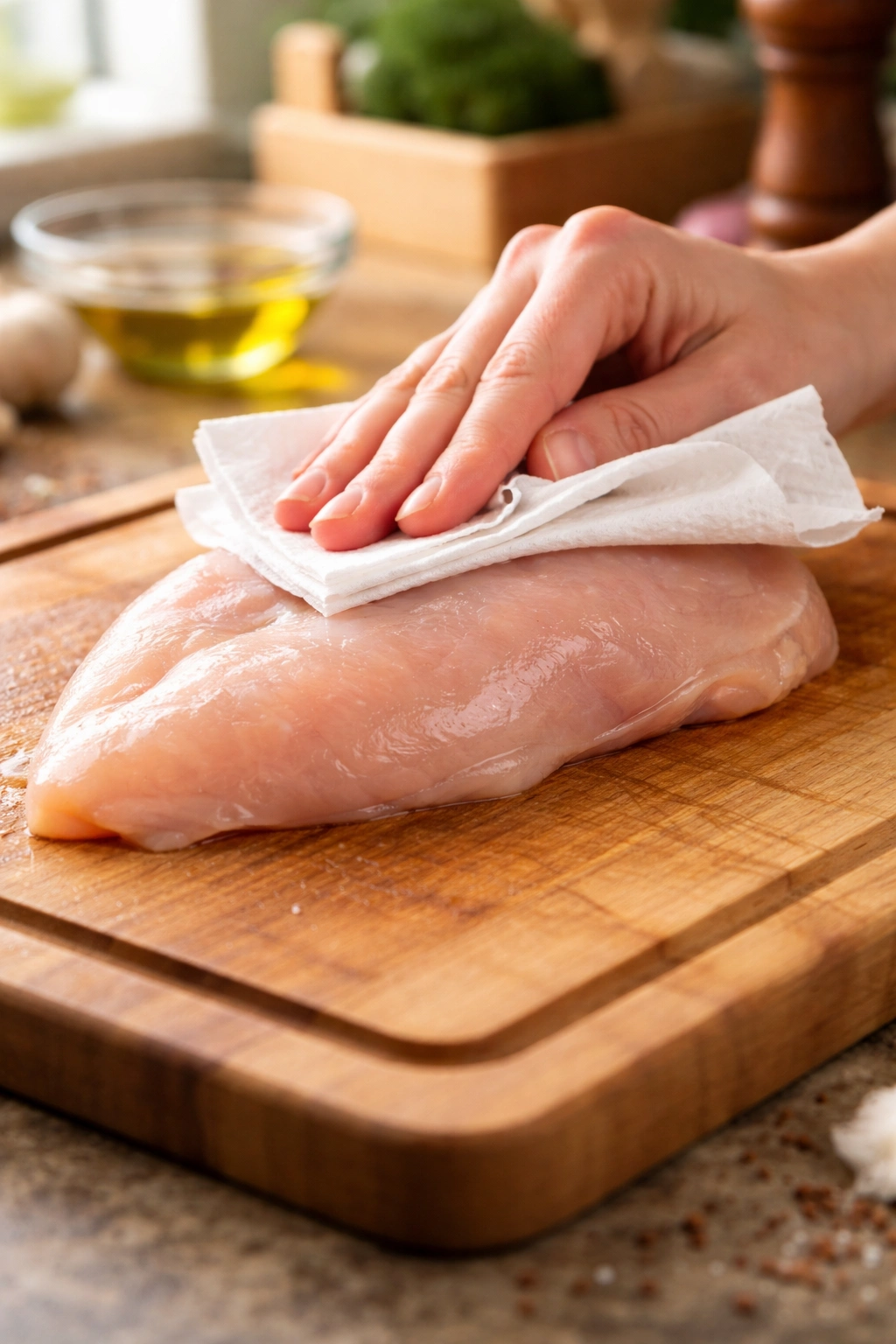 Close-up of a raw chicken breast being pat-dried on a wooden cutting board