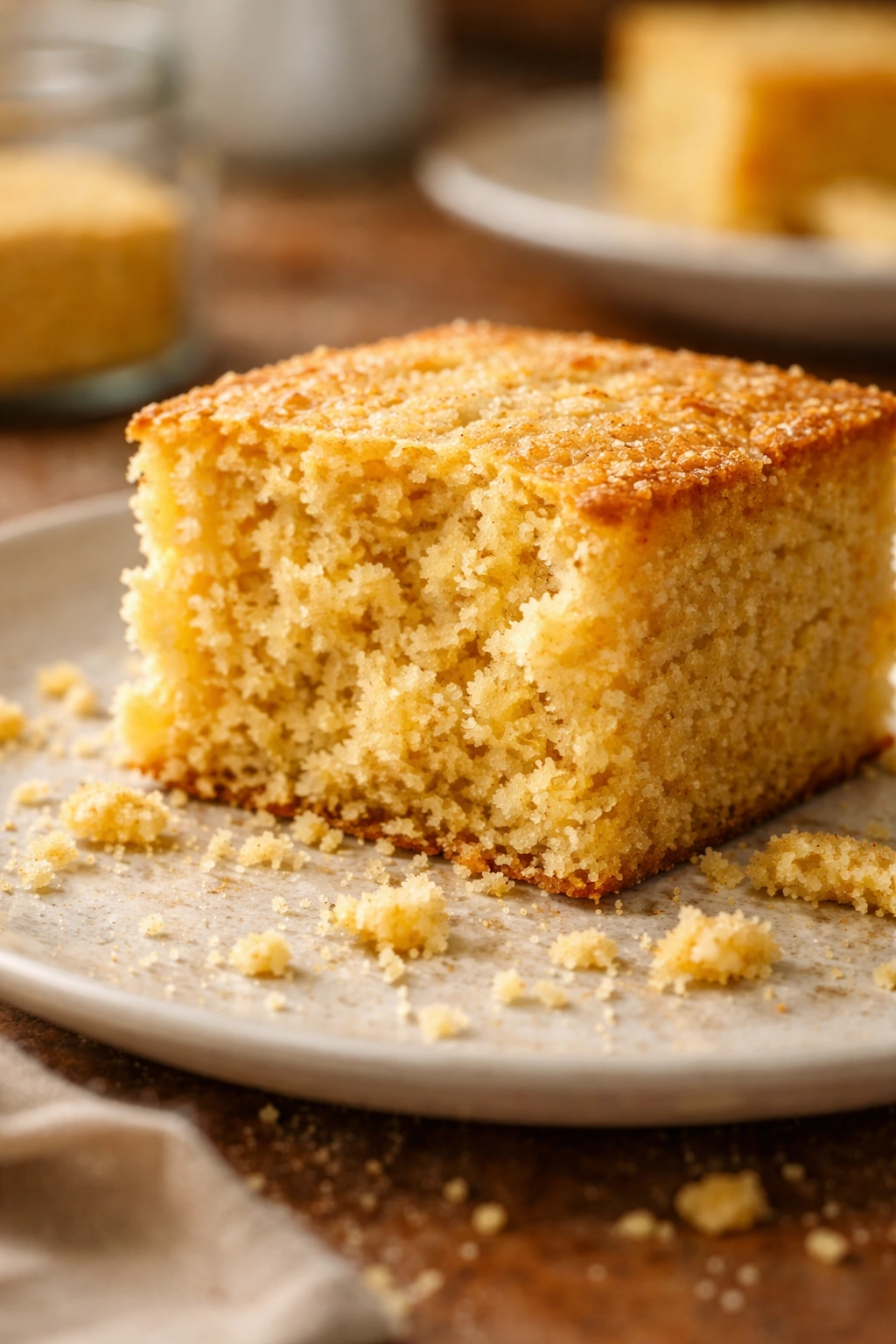 Close-up of a dry crumbly cornbread slice with coarse texture