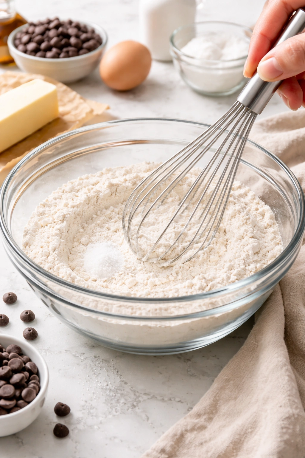 Close-up of dry ingredients whisked together in a bowl (flour, baking soda, and salt).