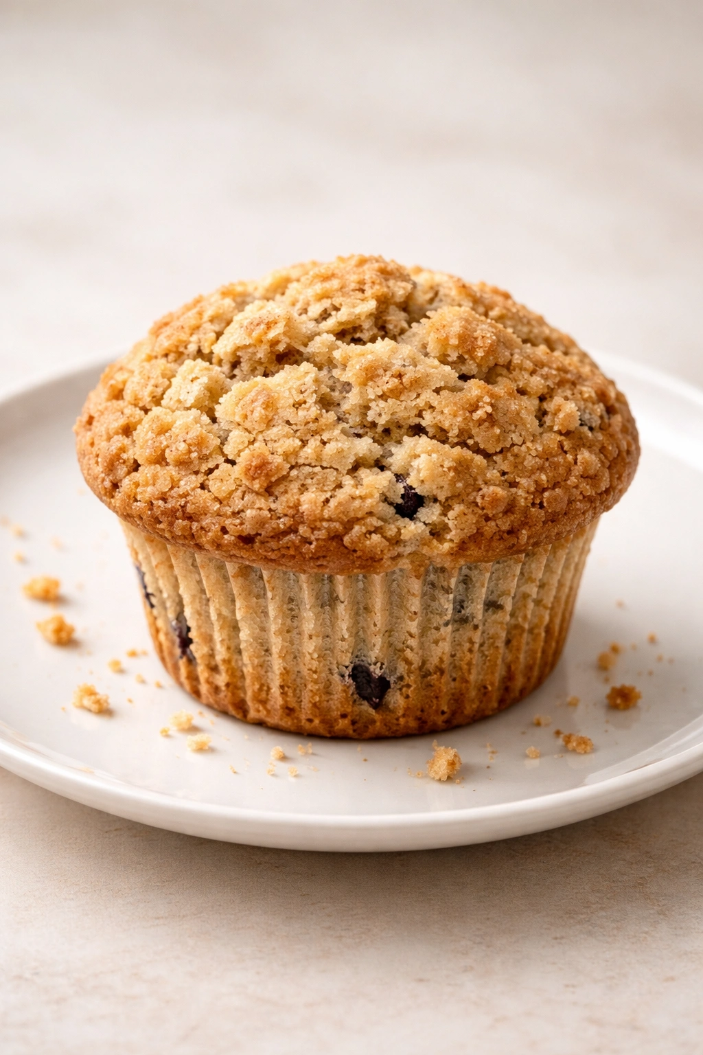 Single muffin with dry crumbly top on white plate