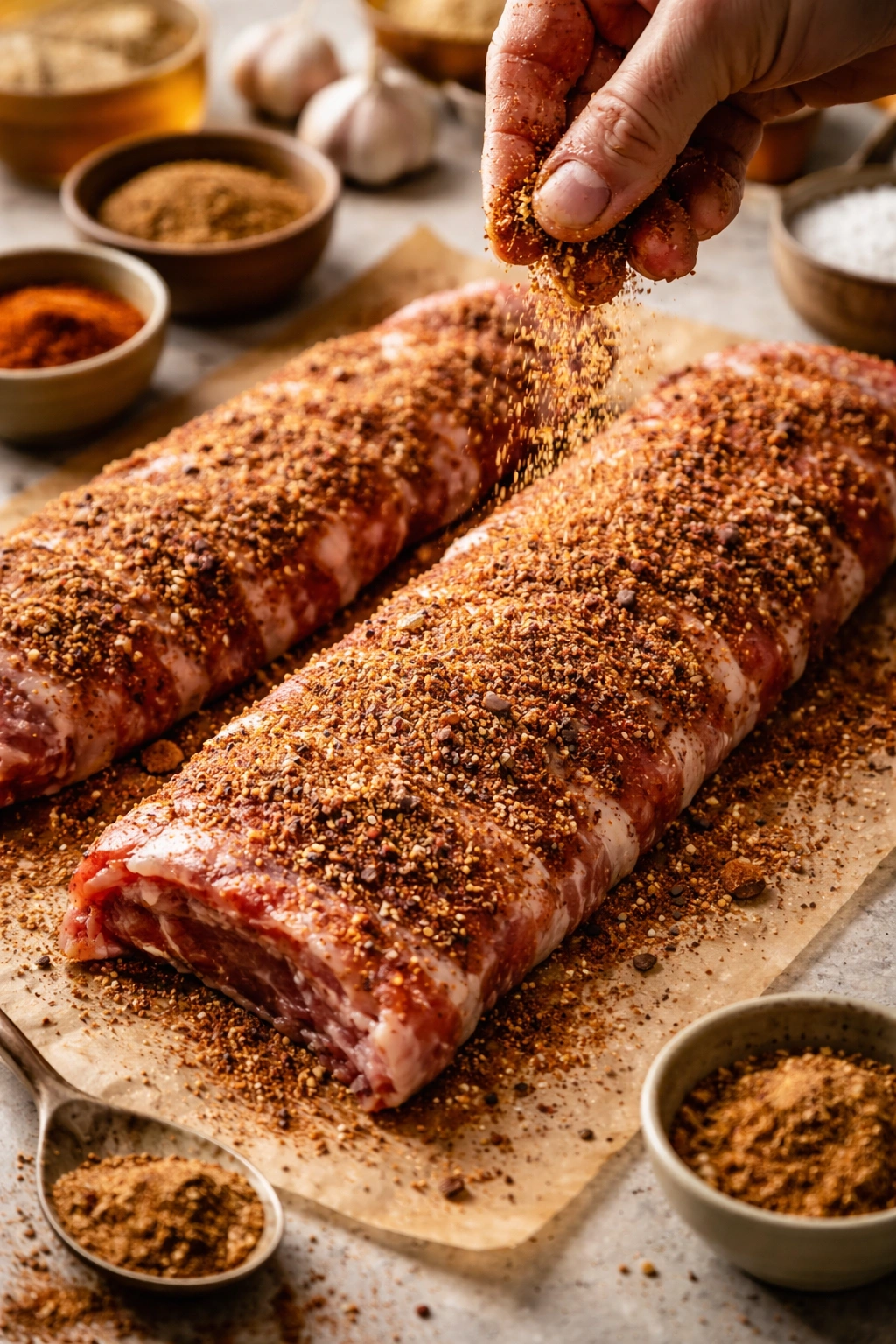 Ribs coated with textured dry rub on meat surface
