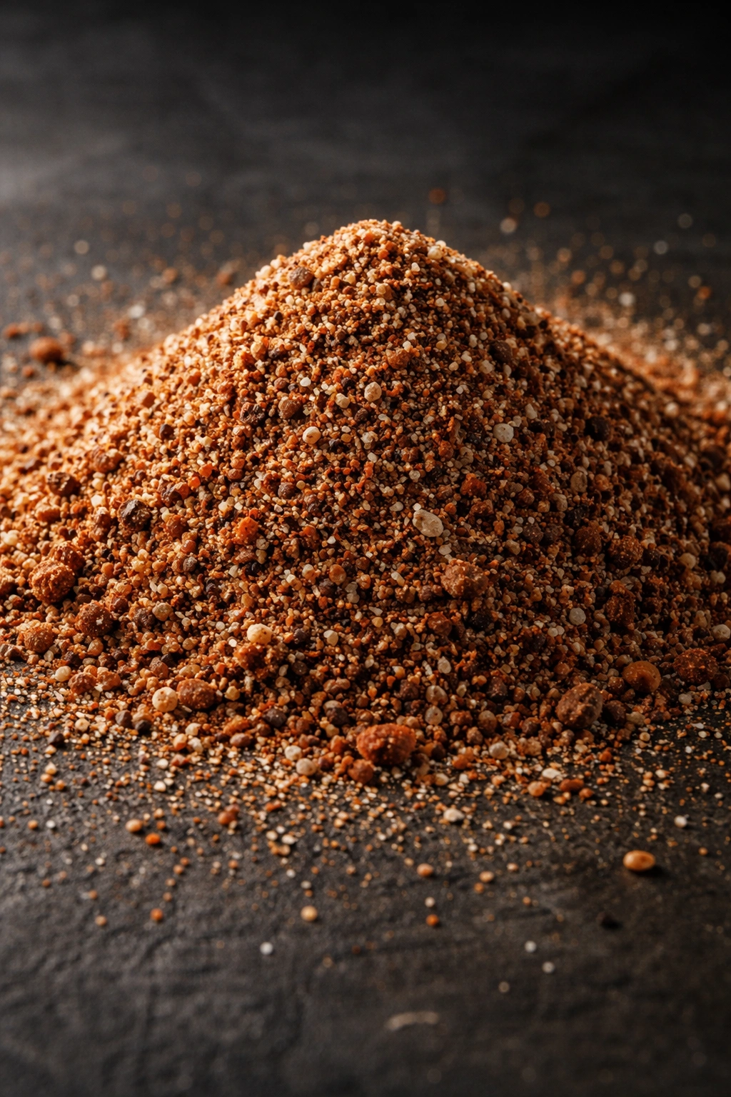 Close-up of dry rub spices mound on dark surface