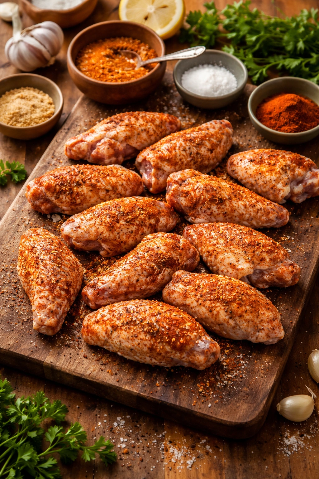 Wings with rust-colored dry rub on a wooden board