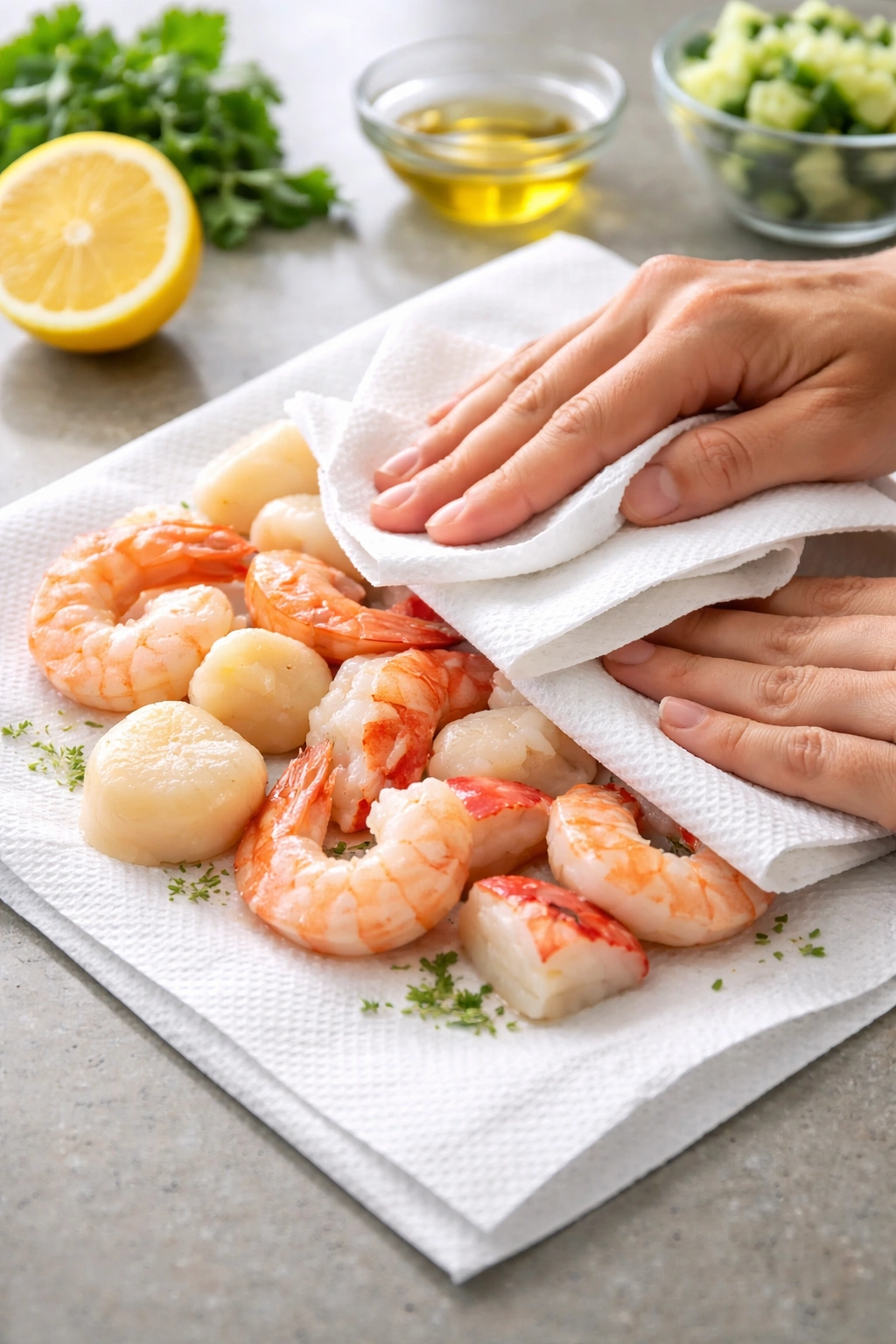 Hands patting dry seafood to avoid moisture in dressing