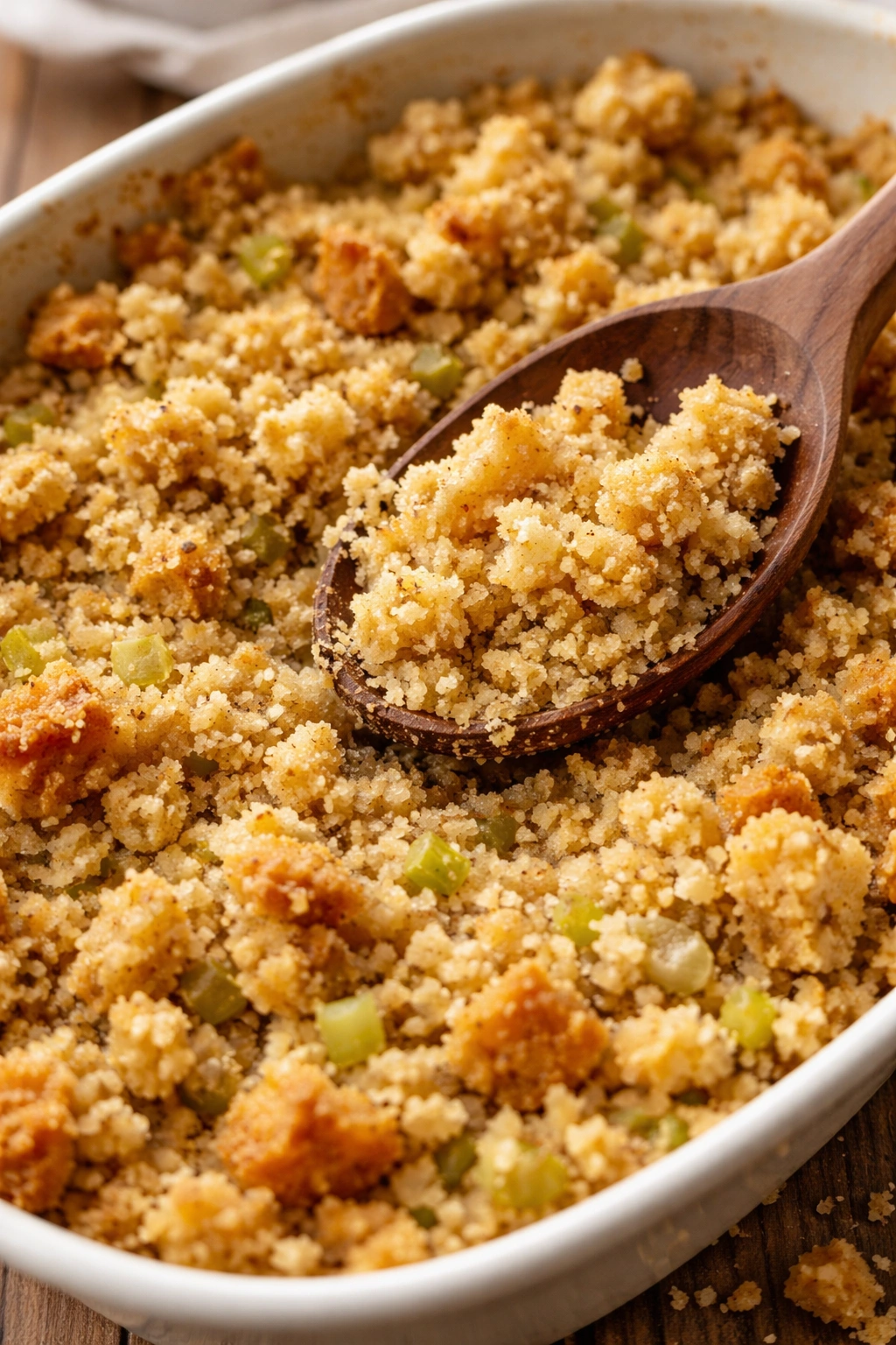 Dry crumbly cornbread stuffing in a dish illustrating common mistakes that lead to dryness