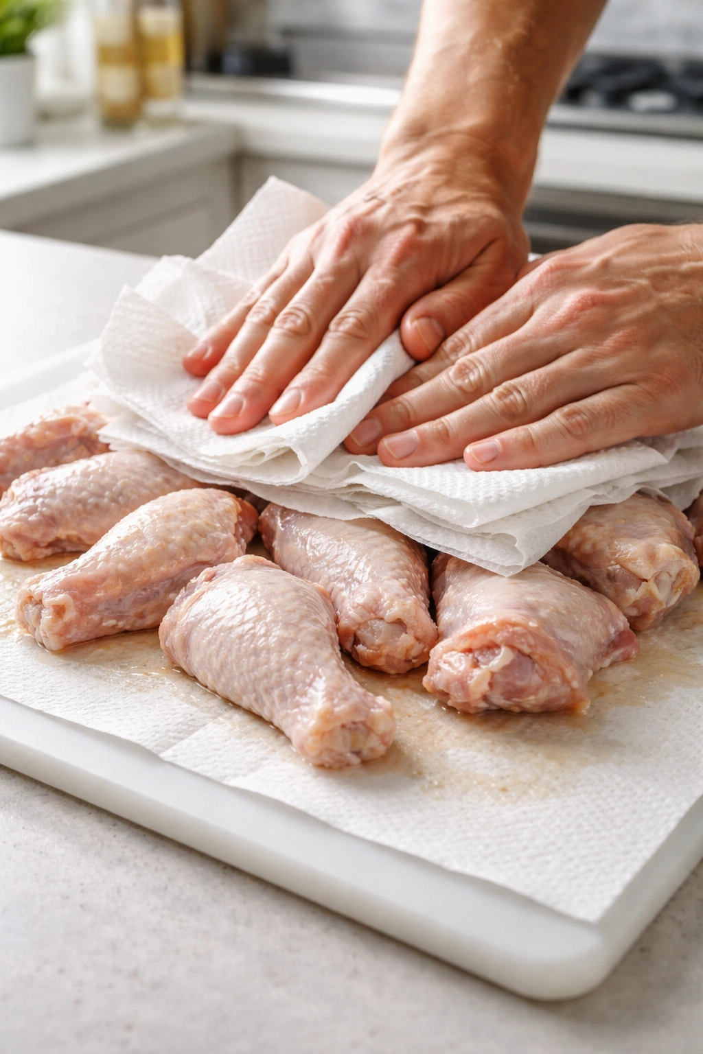 Hands patting dry wings with paper towels to ensure crispiness