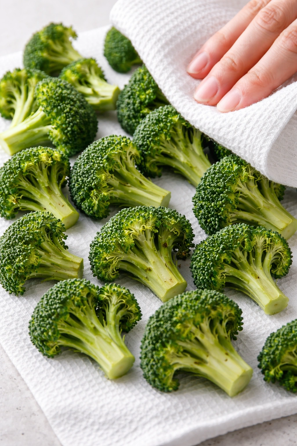 Dry broccoli florets with no visible moisture