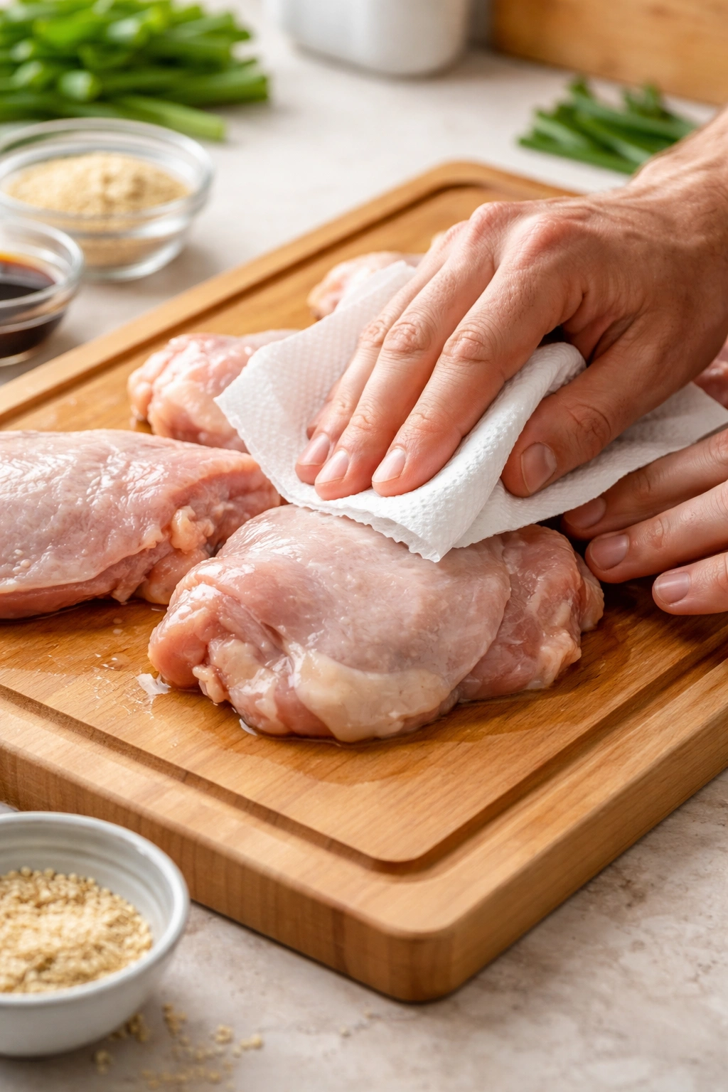 Chicken thigh being dried with a paper towel on a counter