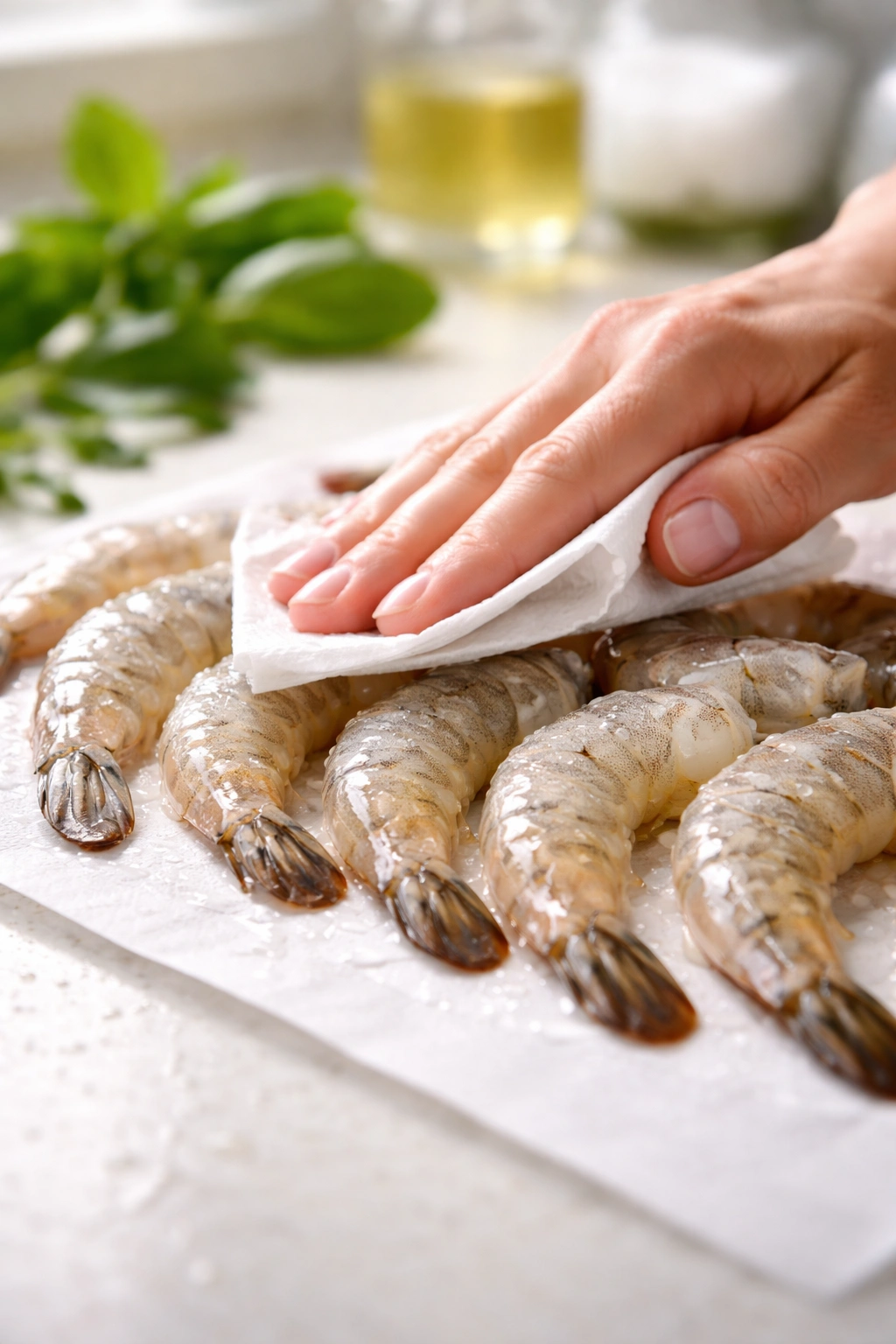 Hand drying large shrimp with paper towels