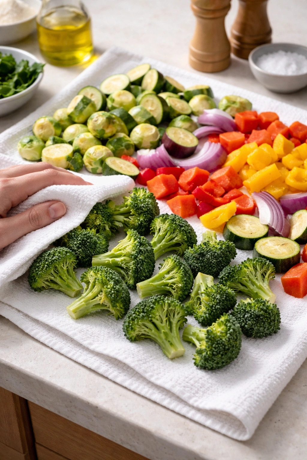 Assorted vegetables drying on a clean surface