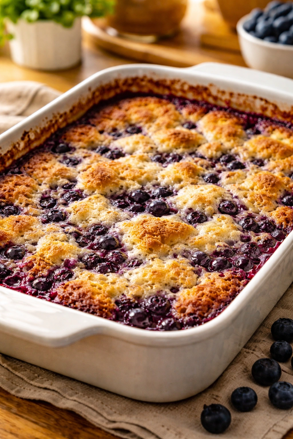 Bubbling blueberry cobbler in a 9x13 dish with a golden crust