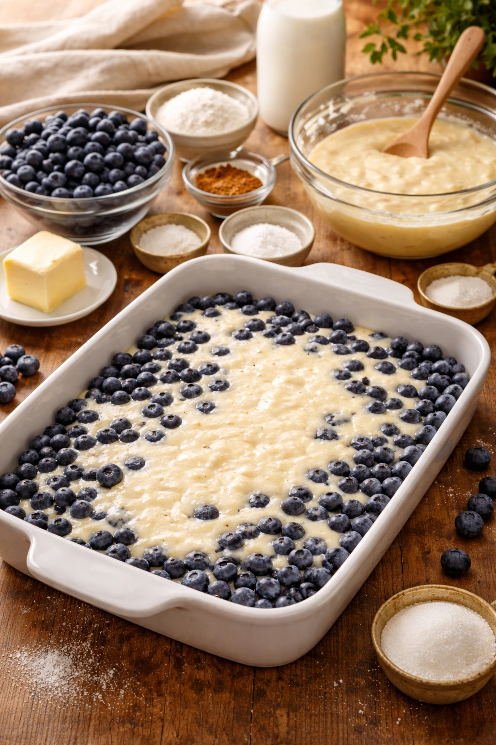 Blueberry cobbler in a dish with batter being poured over berries