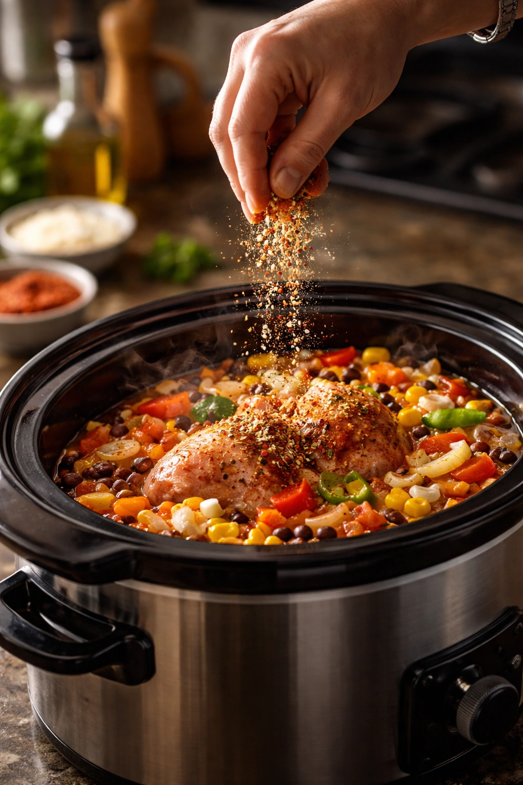 Hand adding seasonings to a crockpot on a kitchen counter.