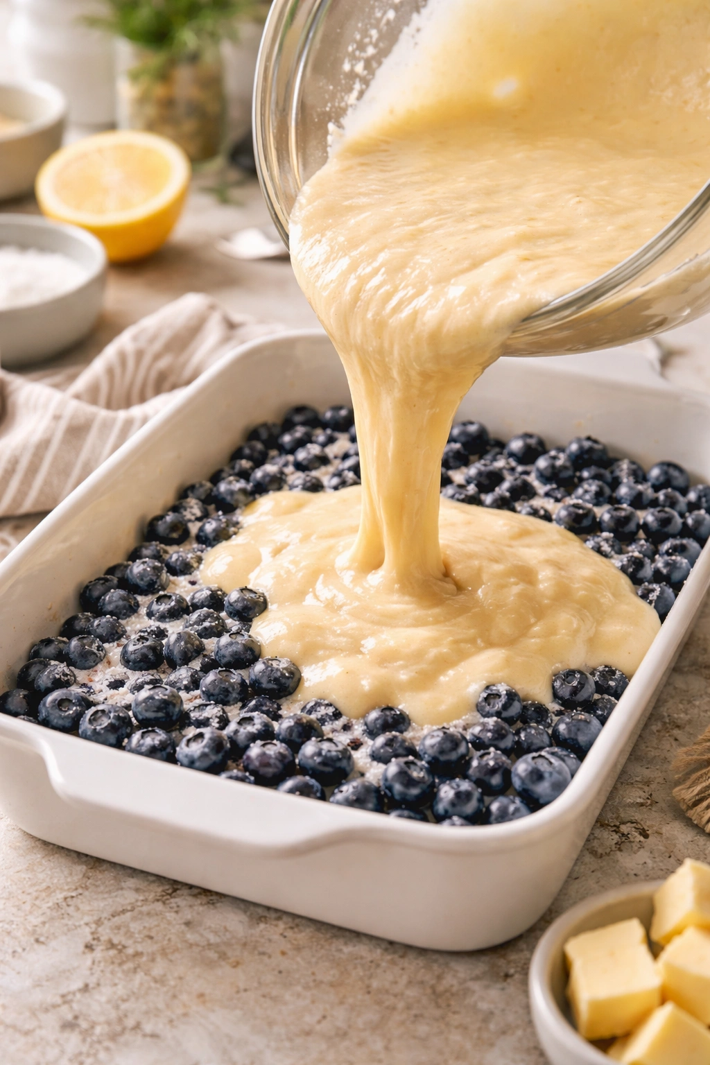 Batter pouring over blueberries in a baking dish