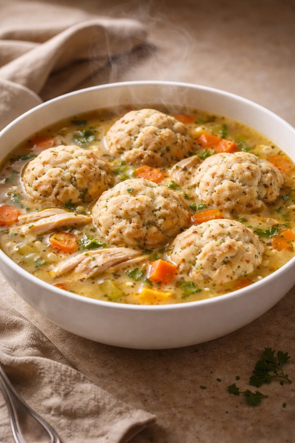 Fluffy dumplings in a savory chicken broth in a white bowl