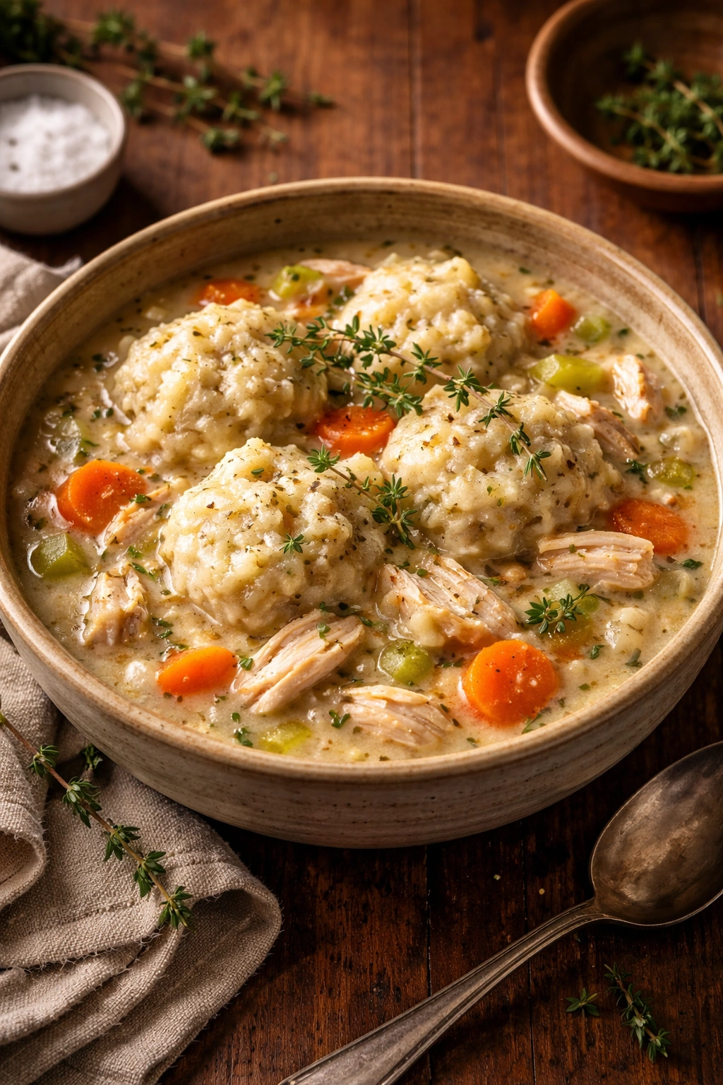 Creamy chicken and dumplings with thyme in a rustic bowl
