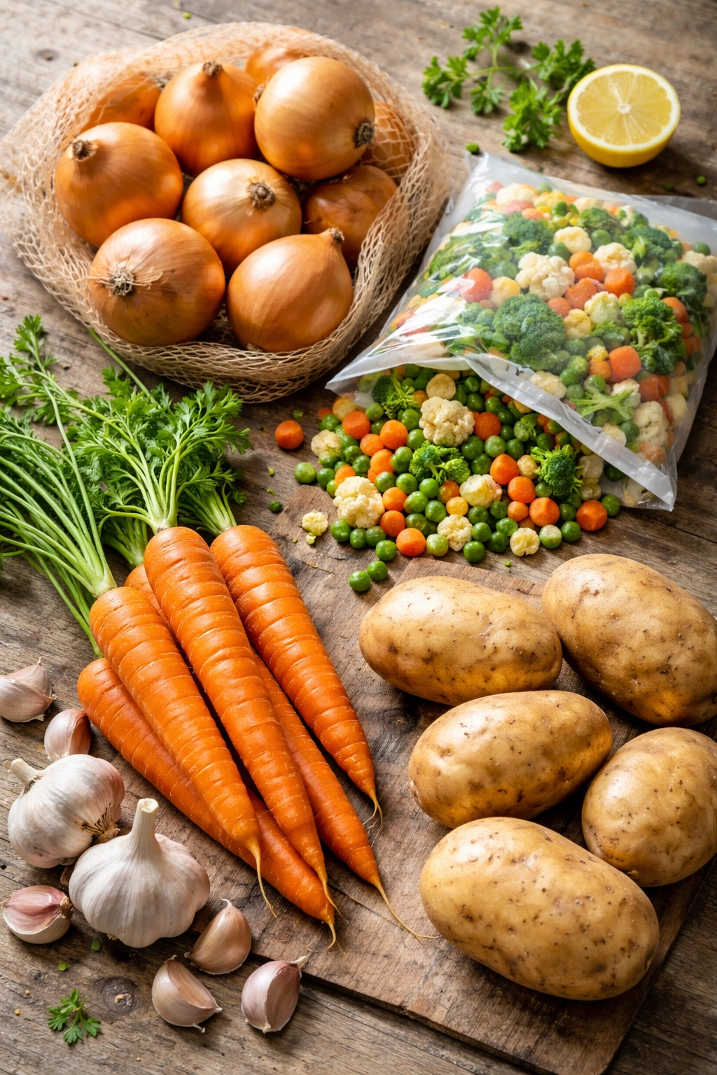 Onions, potatoes, carrots, garlic, and frozen vegetables arranged on a table