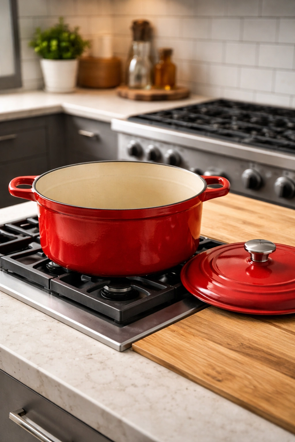 Heavy-bottom Dutch oven on stove with lid nearby