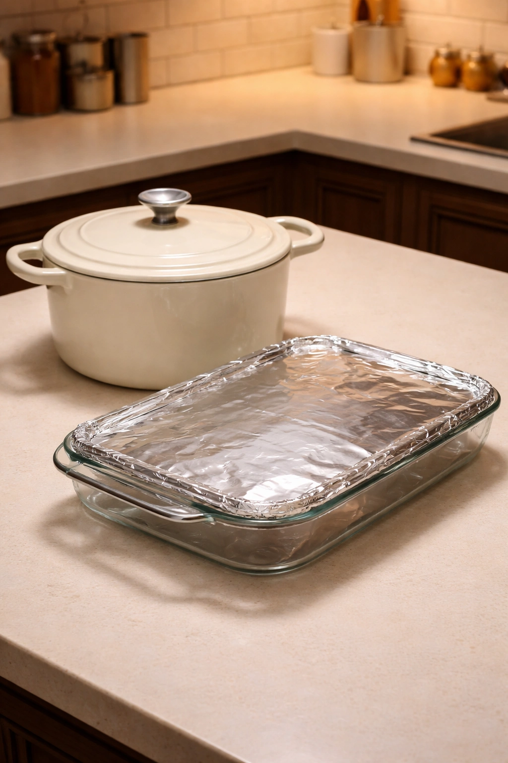 Dutch oven and baking dish on kitchen counter