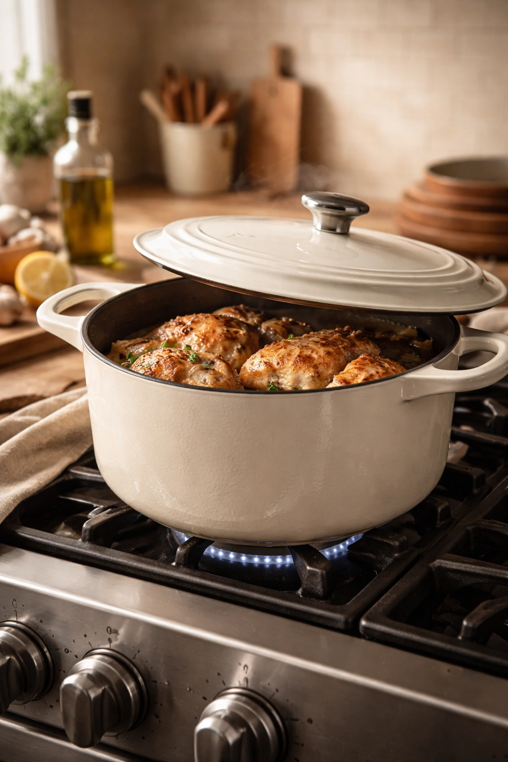 Enamel Dutch oven on stove with lid ajar
