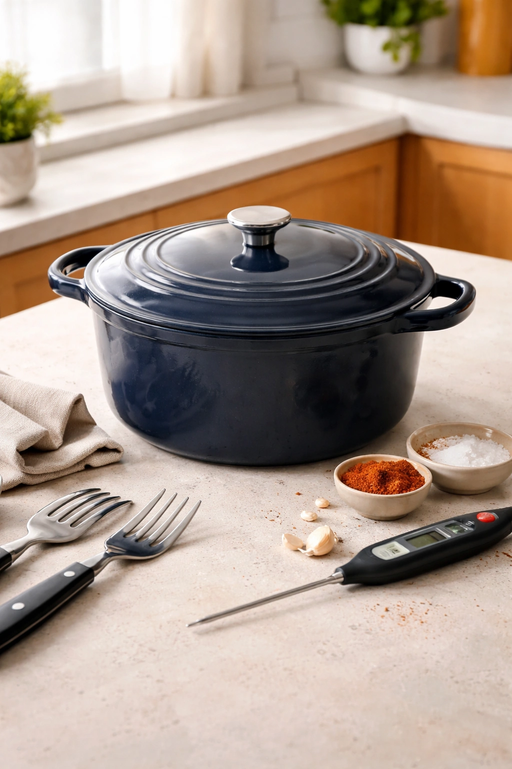 Cast iron Dutch oven with lid on counter