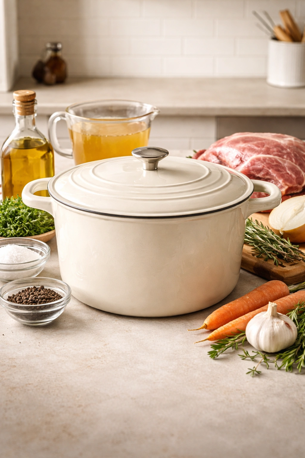 Enamelled Dutch oven on kitchen counter