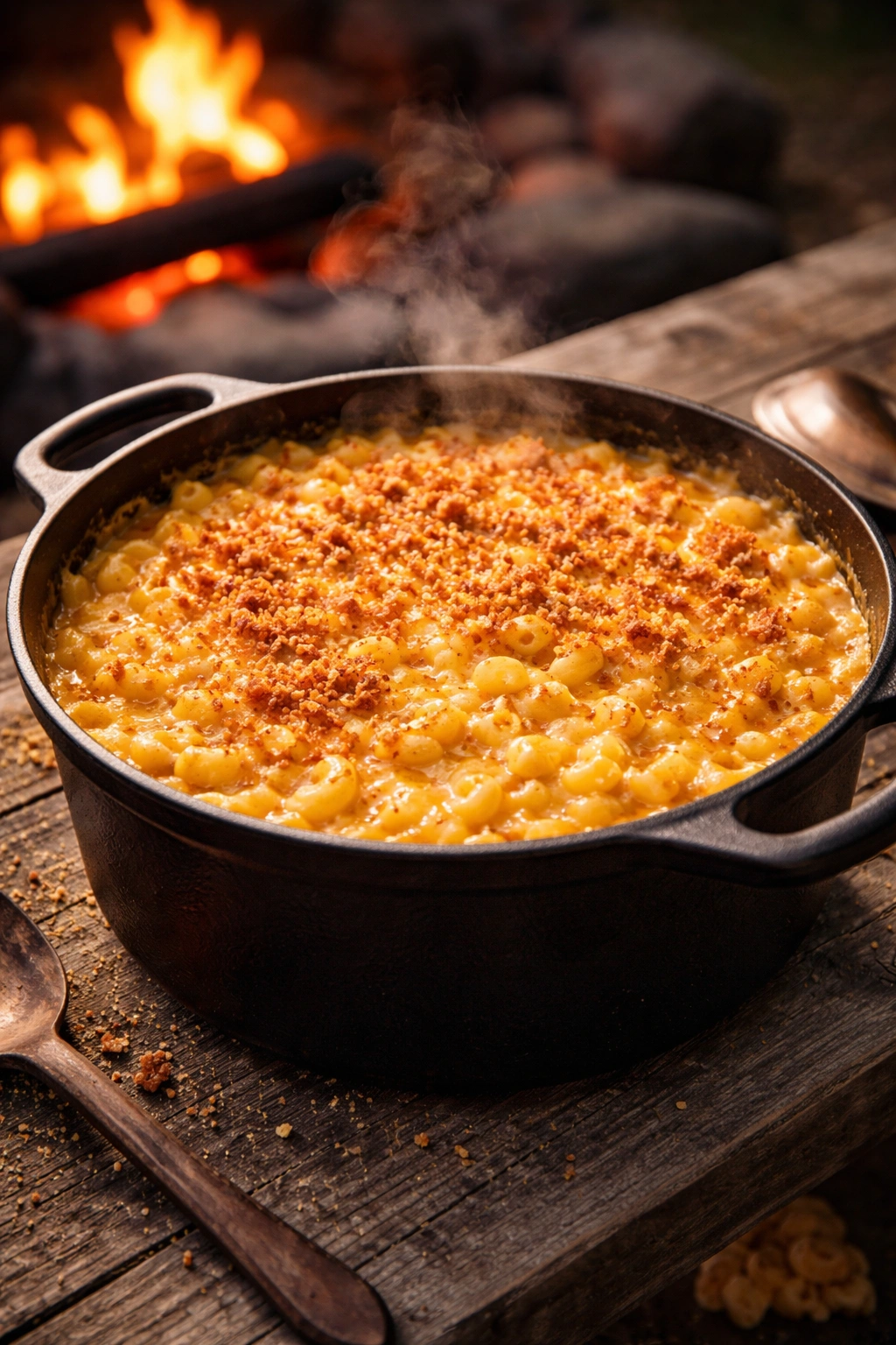 Cheesy mac and cheese in a Dutch oven with golden crust