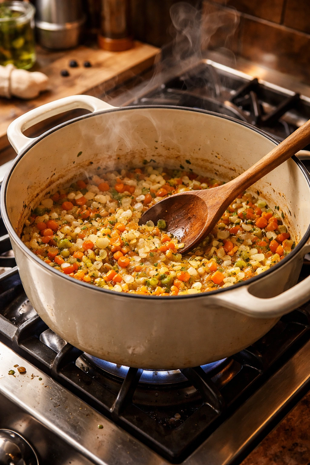 Close-up of a Dutch oven with sizzling aromatics on a stove