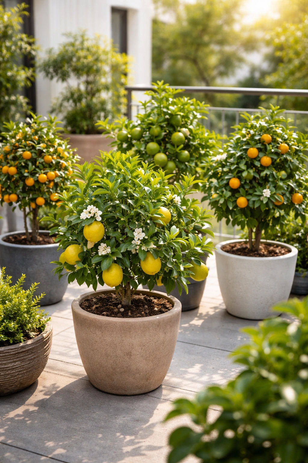 Dwarf citrus trees in pots on a sunlit balcony with leaves and small fruits