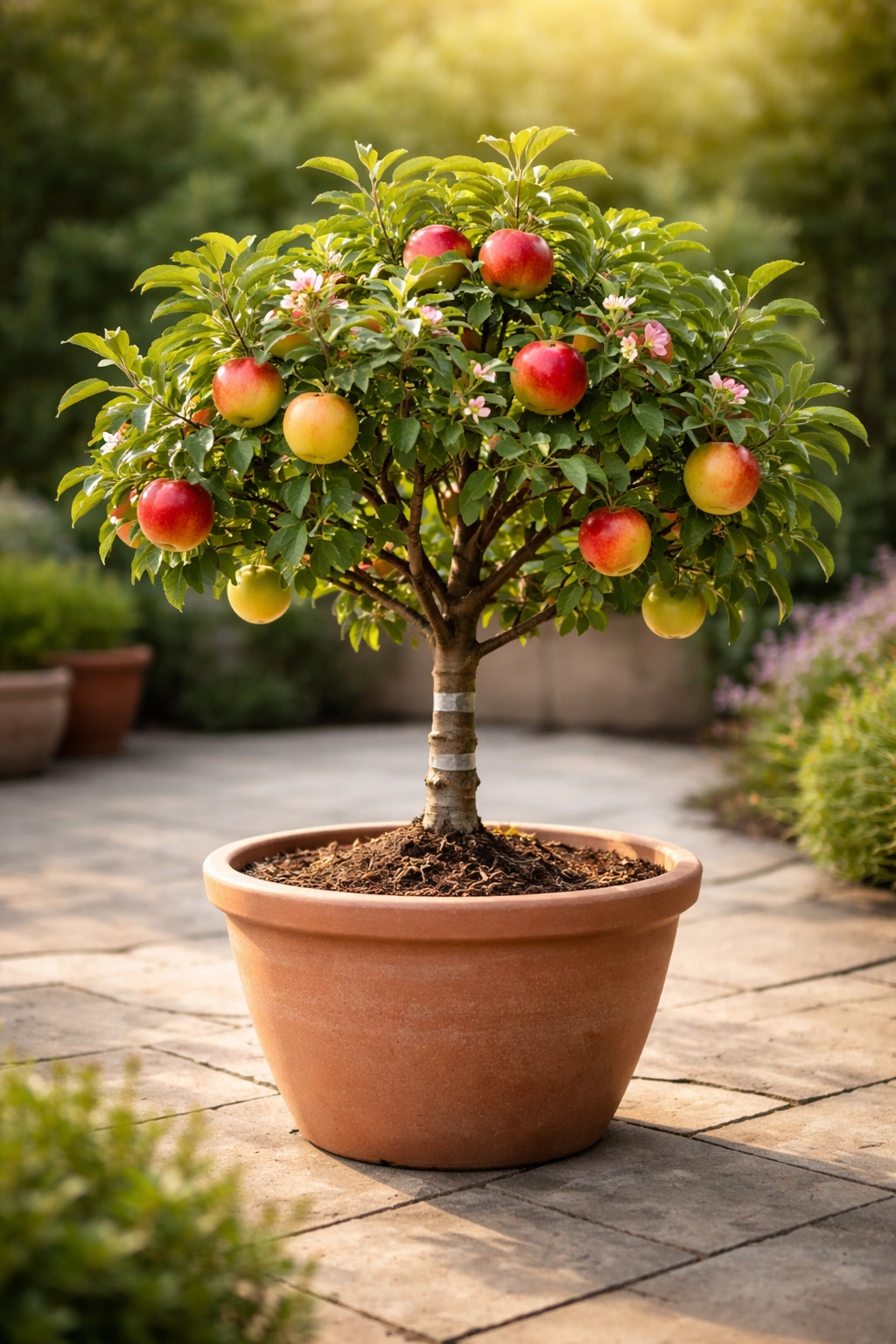 Close-up of a compact dwarf fruit tree in a pot on a patio
