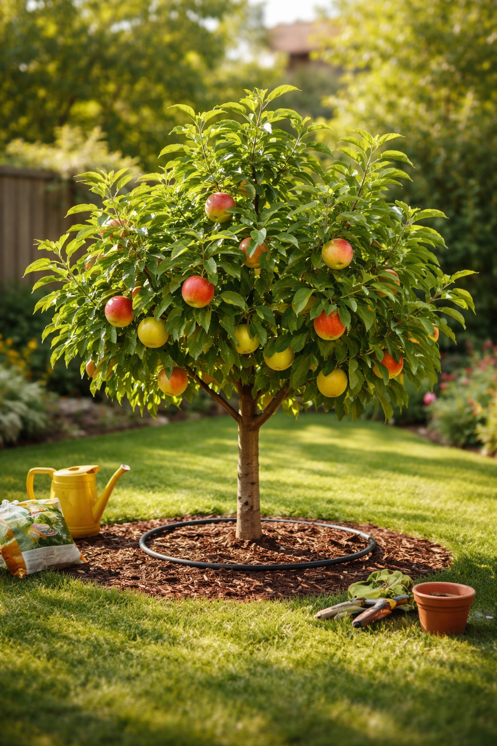Healthy dwarf fruit tree in a tidy small yard, illustrating essential care and maintenance.