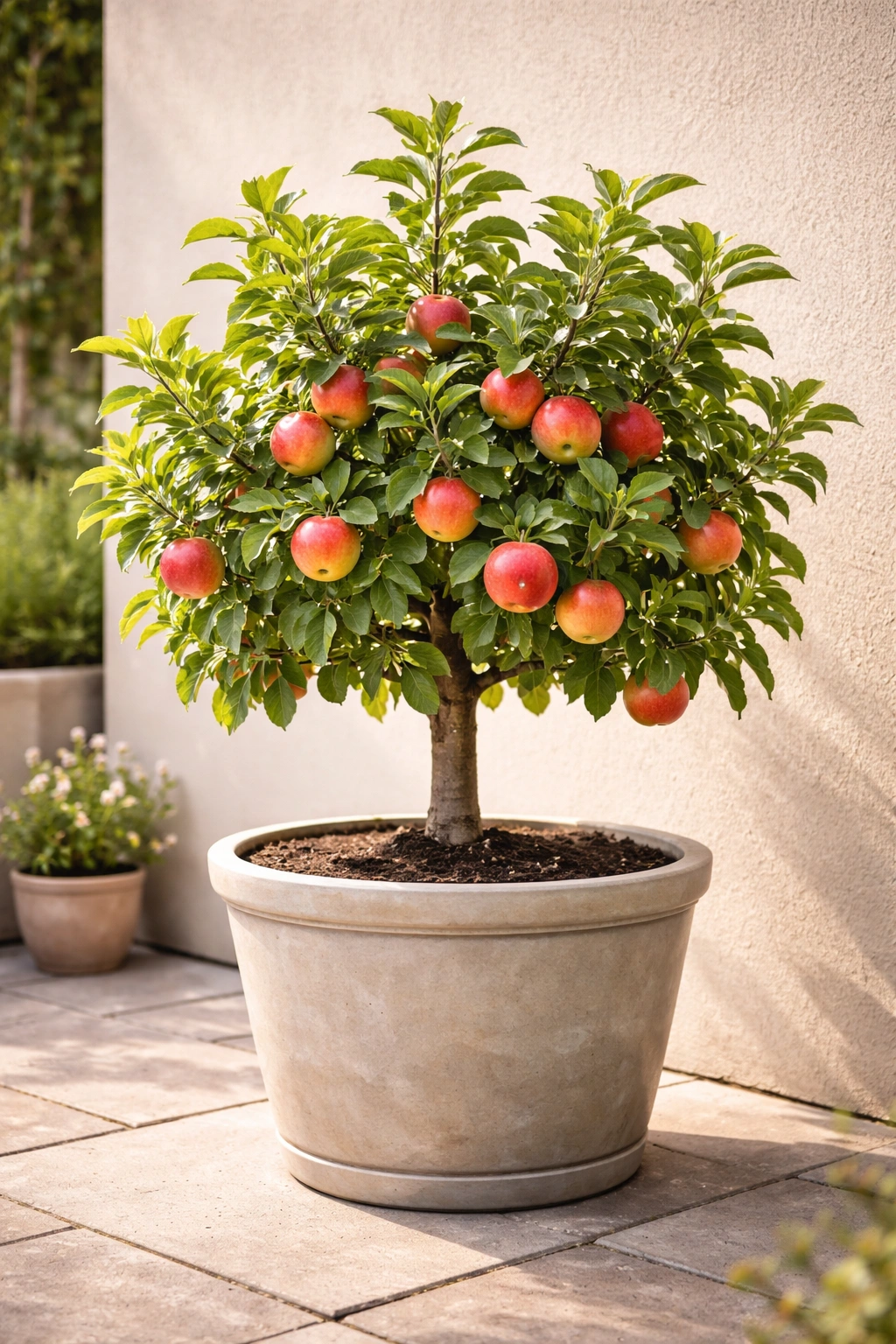 Single compact dwarf fruit tree in large container on sunny patio