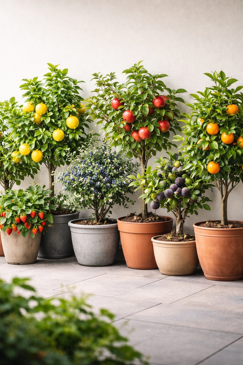 Row of dwarf fruit trees in pots ready for container growing.