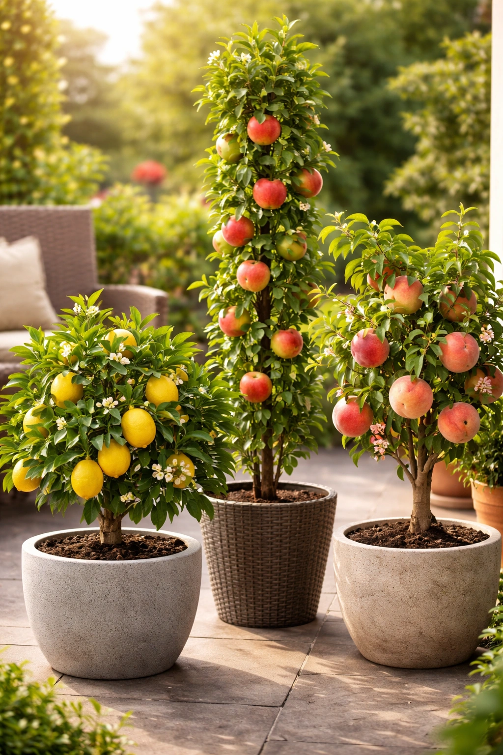 Dwarf and compact fruit varieties in pots on a patio.