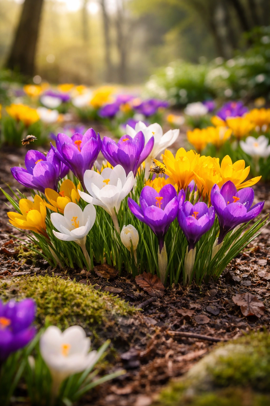 Close-up of crocuses in bloom in a spring garden