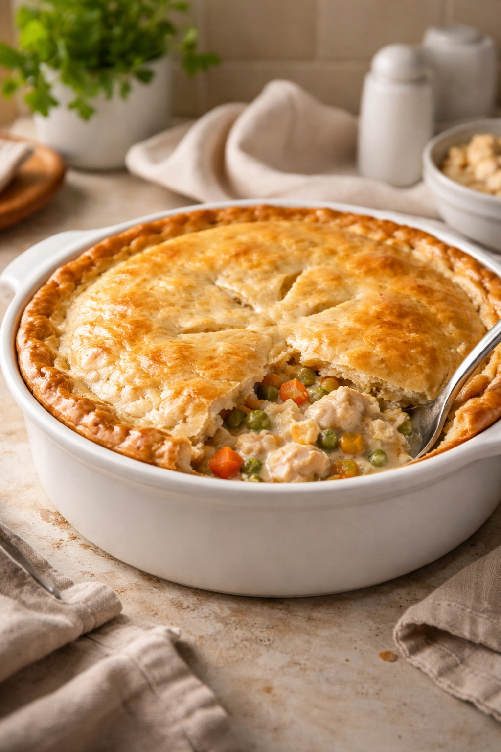 Simple baked chicken pot pie in a white dish on a neutral countertop