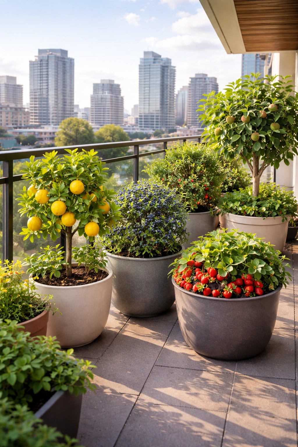 Urban balcony with neat pots of fruit-bearing plants illustrating sustainability