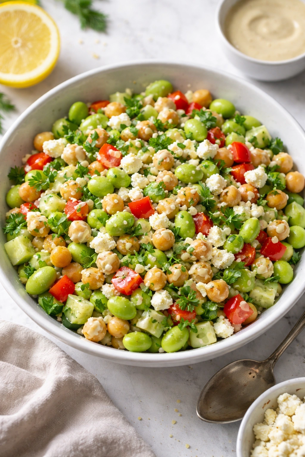 Edamame and chickpea salad with feta and lemon-tahini dressing in a bowl