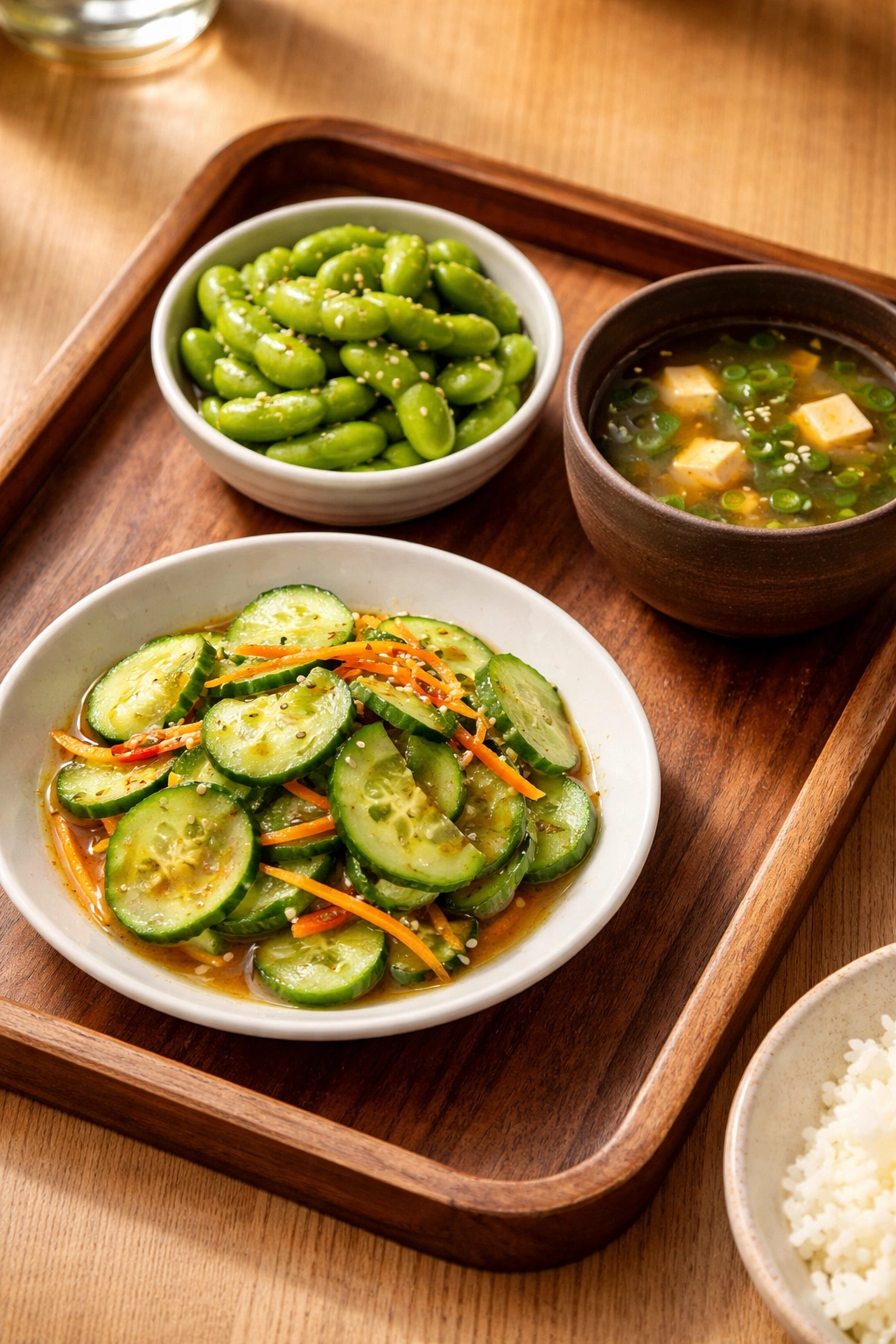 Assortment of sides including edamame, cucumber salad, and miso soup on wooden tray