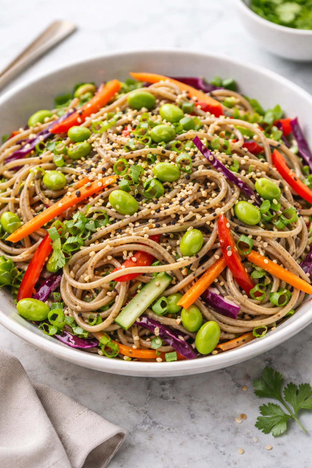 Chilled noodle salad with edamame and vegetables in a bowl