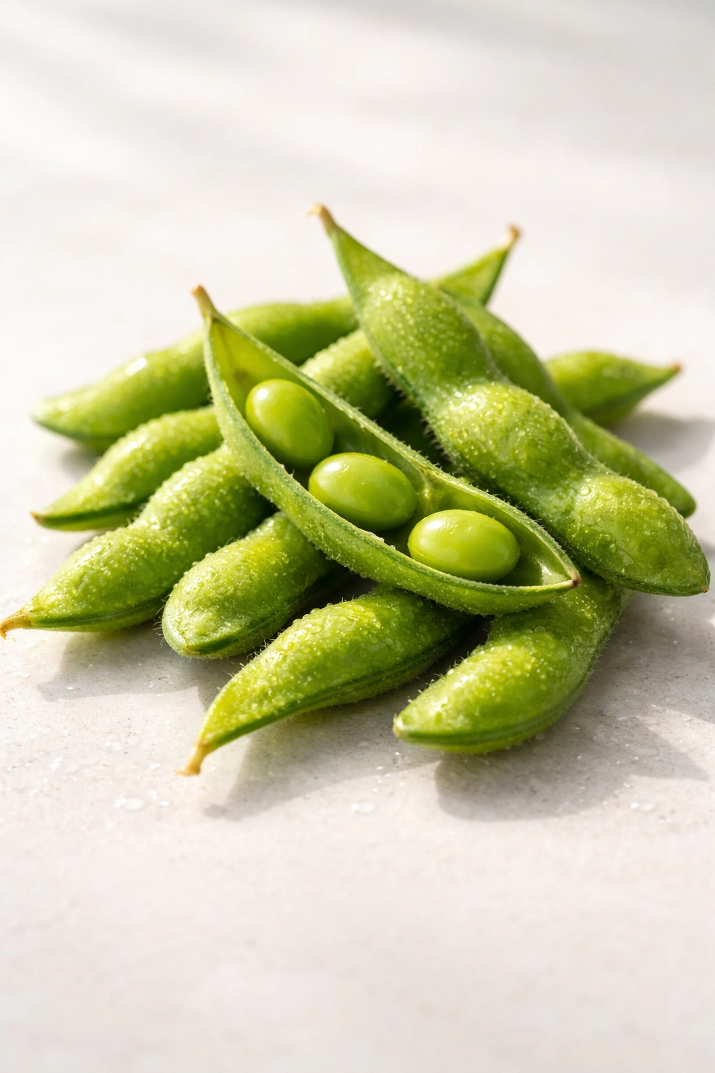 Bright green edamame pods on a plain surface